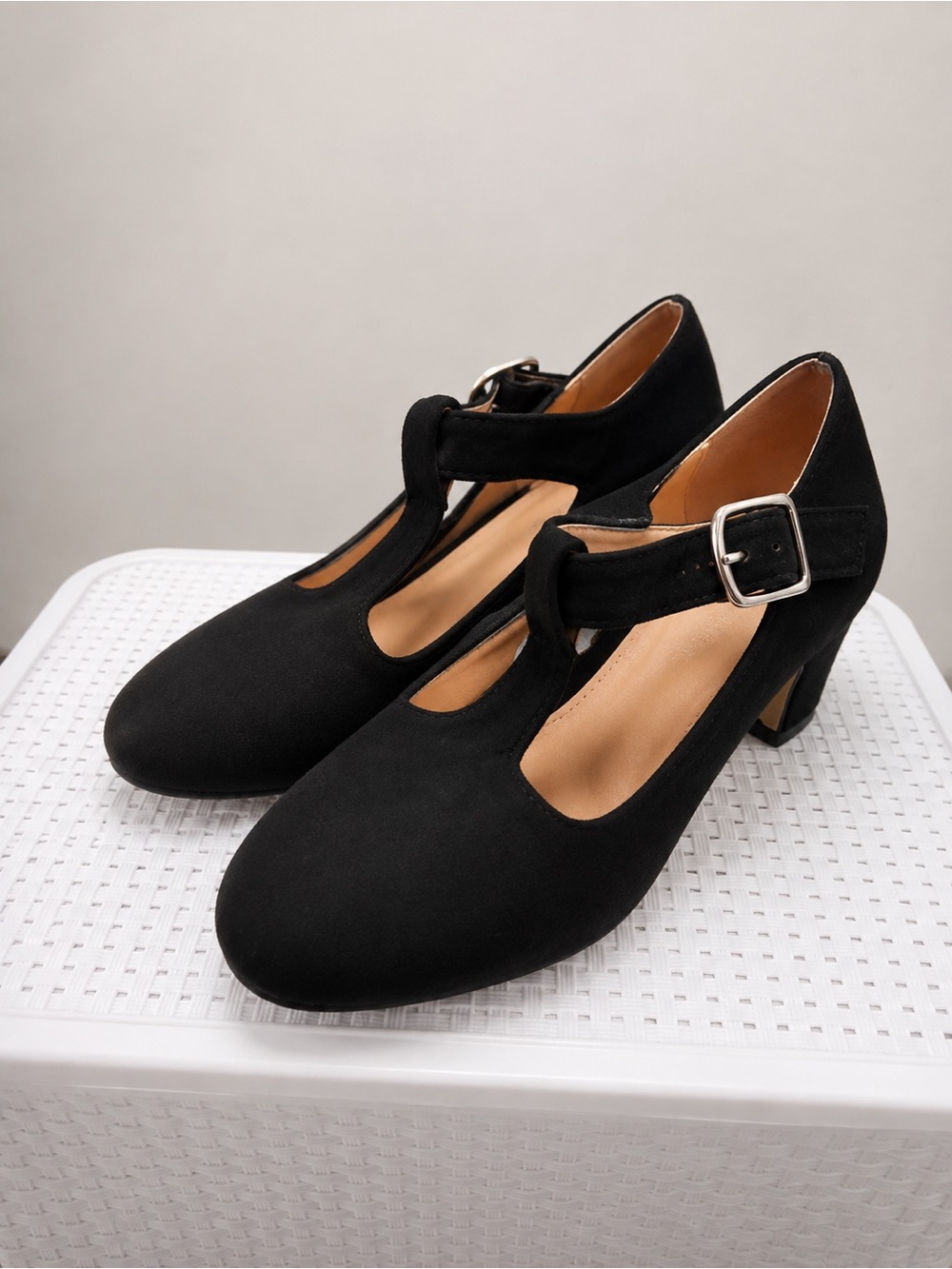 Black T-Strap Mary Jane Block Heel Pumps Size 41